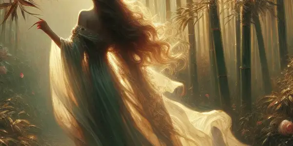 Bamboo Leaf Green in a mystical bamboo forest, embodying romance and sensuality amidst soft rose petals and dappled sunlight.