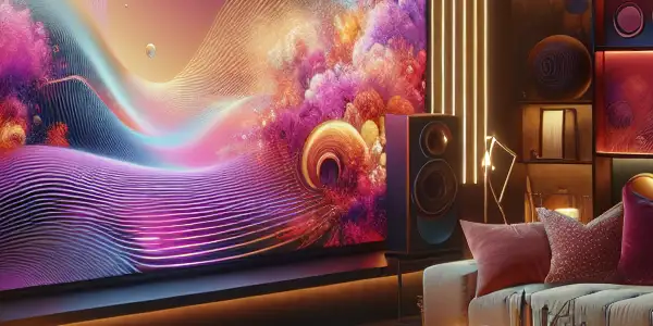 A stylish modern room with a large screen displaying vibrant abstract visuals, evoking intimacy and allure.