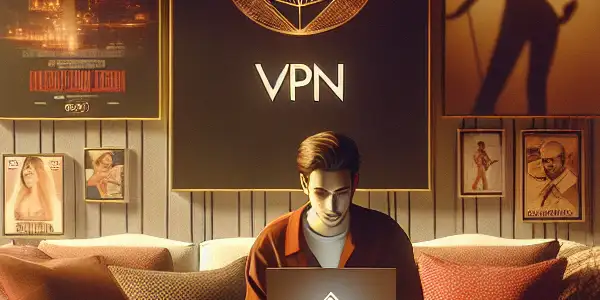 A cozy living room scene featuring a young adult engaging with a laptop, surrounded by adult film posters.