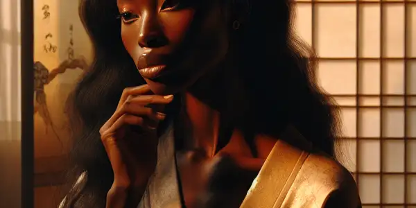 A beautiful woman in a kimono gazes thoughtfully from a luxurious room adorned with Japanese and Korean decor.