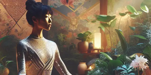 A serene yoga studio featuring a flexible figure in a sensual pose, blending relaxation and allure.