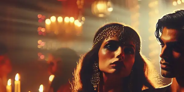 A passionate encounter between two characters in a luxurious, dimly lit setting, evoking romance and desire.