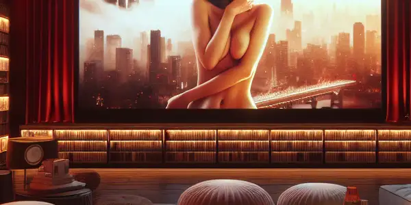 A cozy home theater showcasing a romantic Japanese adult film with ambient lighting and inviting decor.