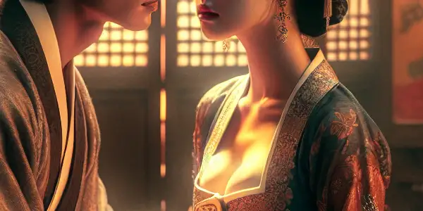 A sensual moment between two characters in a dimly lit, romantic setting with traditional Korean architectural elements.