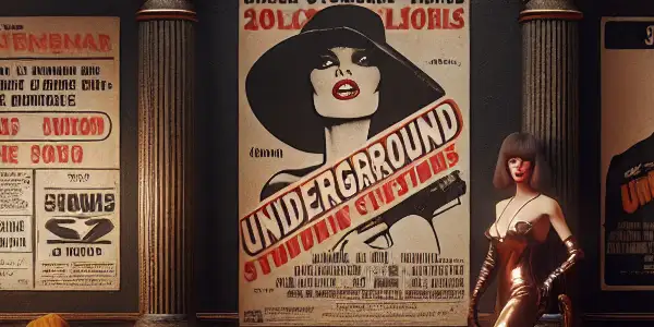 A retro underground cinema scene featuring glamorous characters, vintage film posters, and a flirtatious interaction, evoking 1970s erotic film culture.