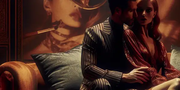 A romantic couple in a luxurious, dimly lit room, surrounded by cinematic elements and elegant decor.