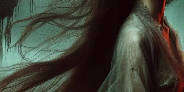 A hauntingly beautiful female ghost in a dark, eerie landscape, blending horror and sensuality.