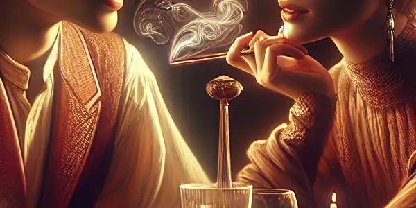 Two characters share an intimate conversation in a dimly lit room, exuding passion and tenderness.