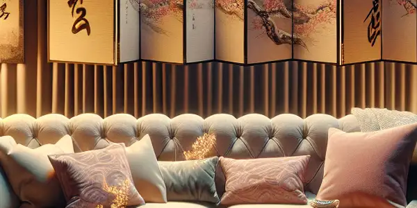 A cozy living room with a stylish coffee table, featuring adult entertainment elements and hints of Japanese and Korean culture.