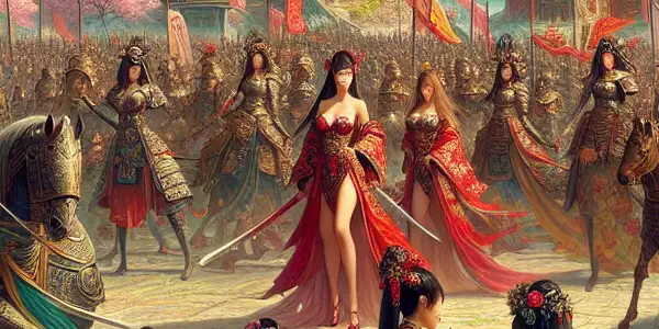 Female warriors in ornate armor engage in strategic combat on a vibrant battlefield during China's Three Kingdoms period, amid a lush landscape.