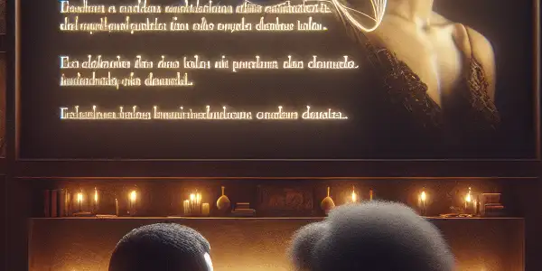 A couple shares an intimate moment in a cozy home theater, watching a romantic adult film with artistic subtitles.