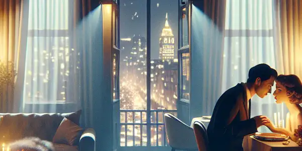 A couple shares a tender moment in a dimly lit apartment, surrounded by romantic decor and a cityscape view.