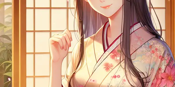 A cozy Japanese living room featuring an inviting older sister figure in a kimono, exuding warmth and allure.