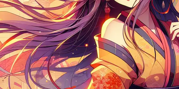 A dynamic anime character surrounded by vibrant colors, cherry blossoms, and abstract patterns, blending playful and seductive elements.