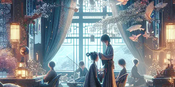 A romantic scene featuring intricately designed characters in a luxurious, softly lit room, conveying passion and intimacy.