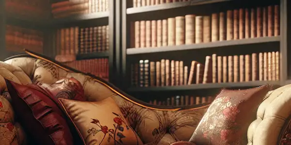 An intimate library with a luxurious chaise lounge, open book, and classic erotic movie posters, evoking allure and sophistication.