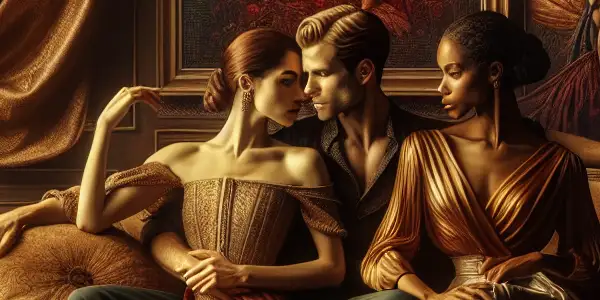 Three elegantly dressed individuals share an intimate moment in a luxurious, softly lit setting.