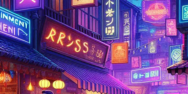 A lively street in Banshi Town featuring diverse people exploring adult entertainment amidst neon signs and cozy cafés.