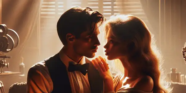 A romantic and intimate scene between two characters, evoking passion and connection in a beautifully lit setting.