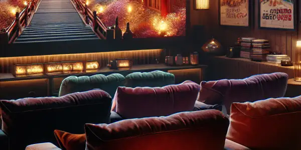 A cozy home theater showcasing vibrant Japanese AV films, complete with plush seating, popcorn, and classic movie posters.