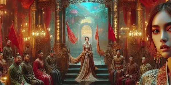 A young woman in an elegant gown stands in an opulent ancient Chinese palace, embodying intrigue and desire.