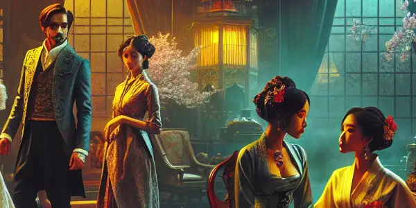 A diverse group of elegantly dressed characters playfully interacting in an opulent, cinematic setting with Japanese aesthetics.