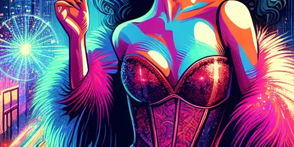 A voluptuous woman in a provocative outfit poses against a vibrant neon-lit cityscape, embodying allure and excitement.